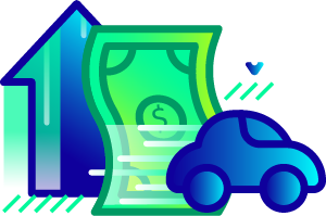 Carro, cédula e seta para cima